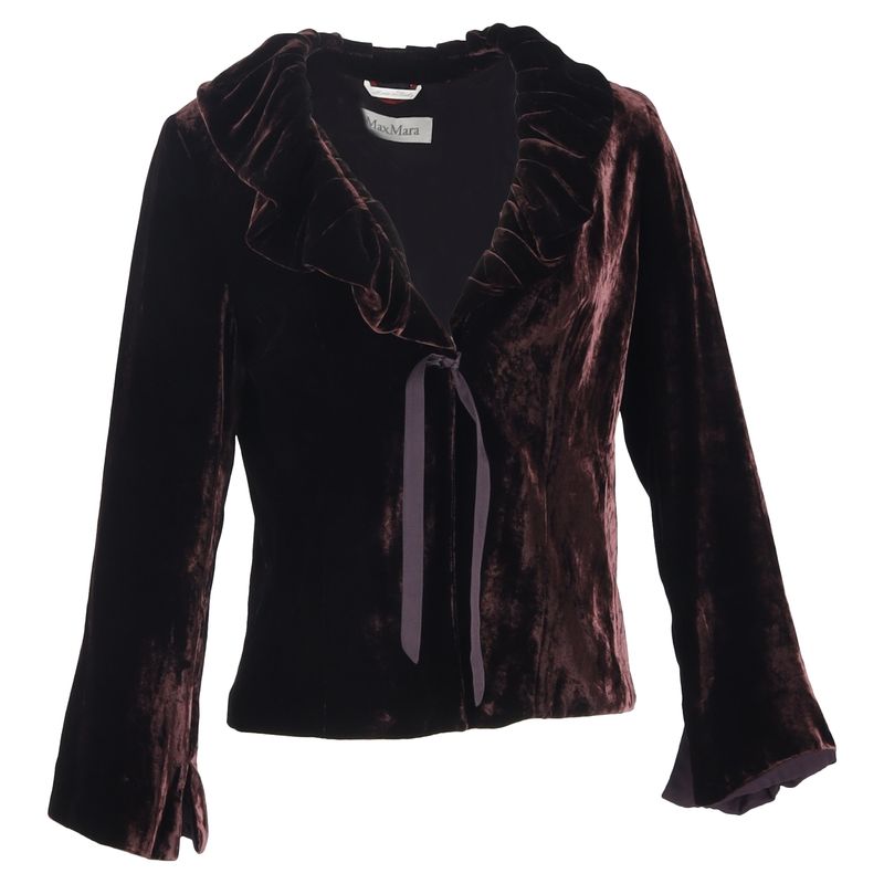 Max Mara Frilled Collar Bow Blazer In Burgundy Velvet